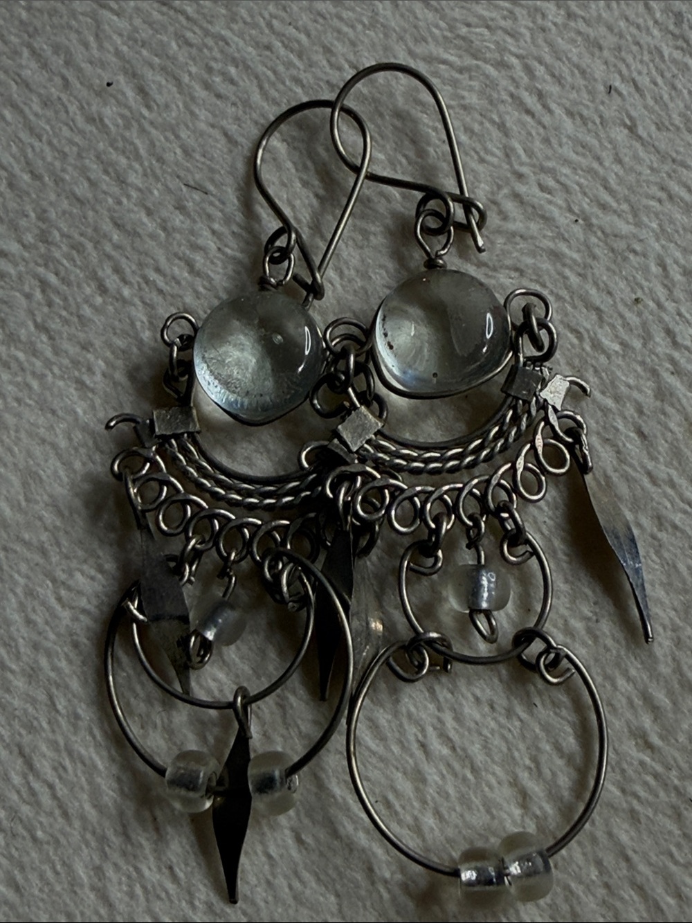 Silver-Tone Dangle Hoop Earrings with Clear Glass Beads